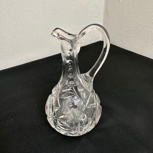 Vintage Cut Crystal Glass Pitcher Etched Floral Design Clear Glass Decanter 6"